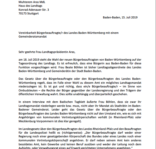 Gemeinderatsmandat unvereinbar mit dem Amt der Bürgerbeauftragten: CDU-Fraktion fordert Rücktritt von Beate Böhlen